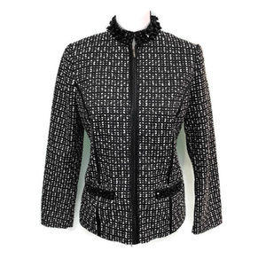 Chicos Black White Textured Zip Beaded Jacket